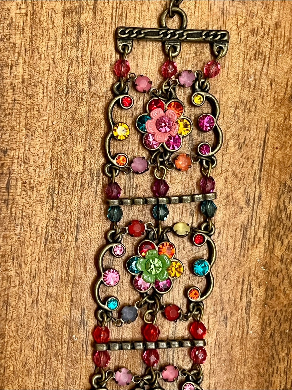 Vintage Ornate Rhinestone Bracelet Bronze Art Nouveau Jewelry Bright Colorful - Picture 2 of 7